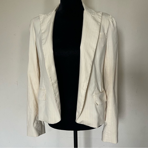 Theory Cream Pinstripe Tailored Womens Open Blazer Career Light Academia Size 10 - Picture 4 of 9